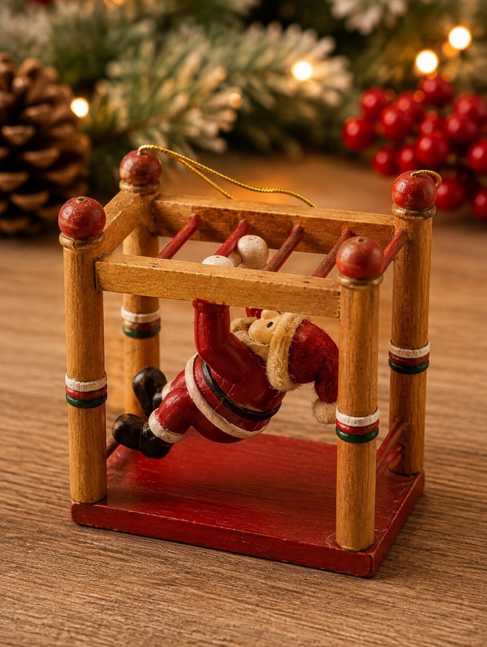 Vintage Style Santa Monkey Bars Gymnastics Christmas Ornament Wood 3.5" - Picture 1 of 6